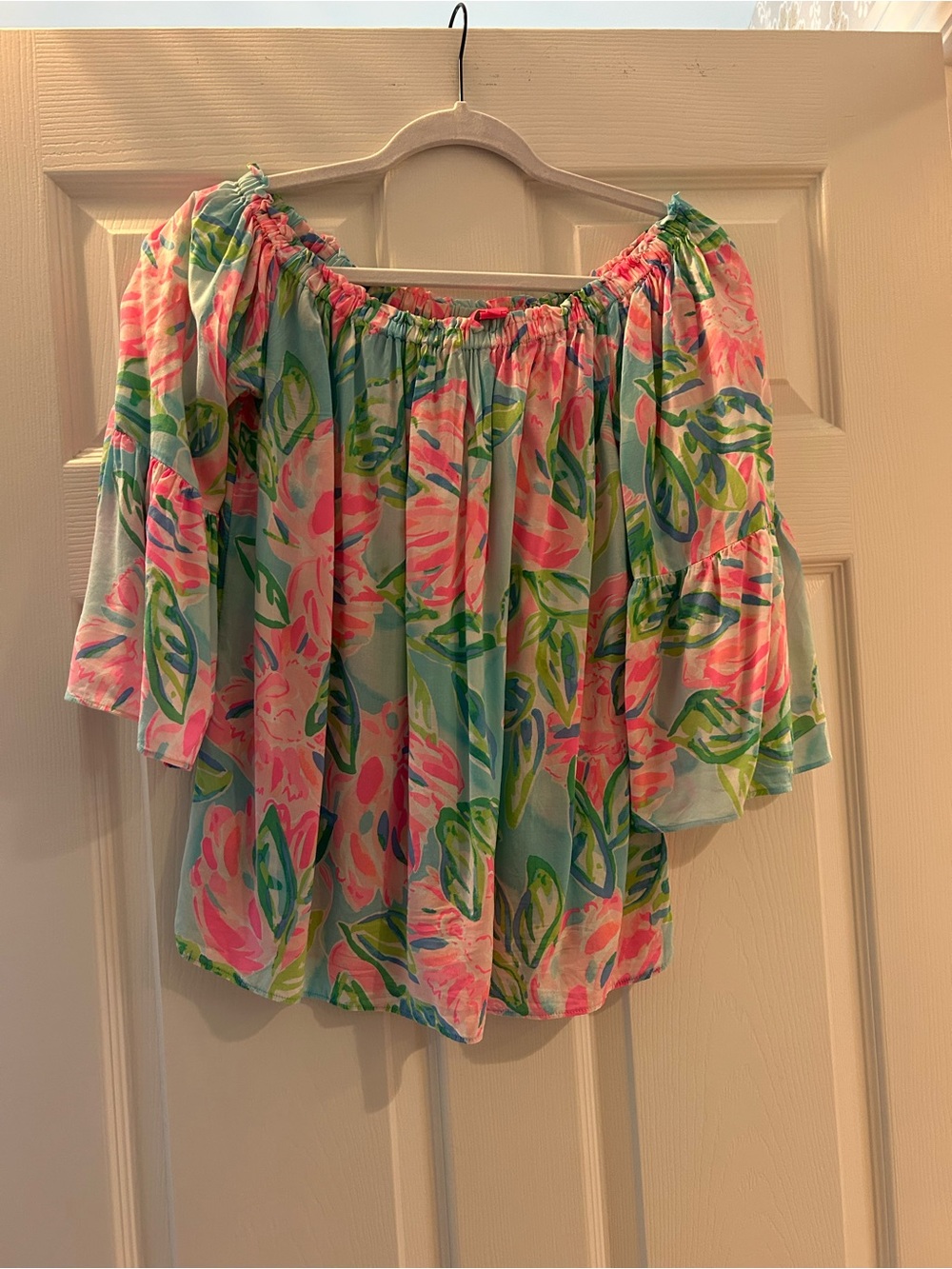 Lilly Pulitzer Off-Shoulder Floral Top in Aqua and Pink